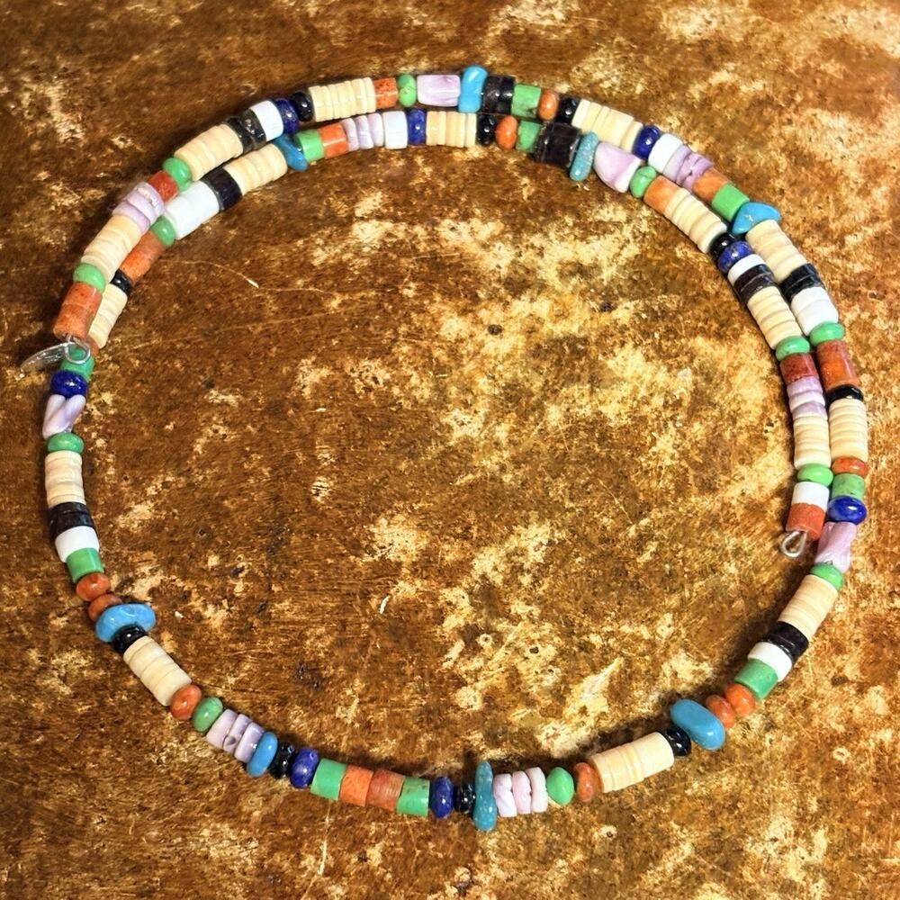Native Running Bear Choker Sterling Silver & Multi tone Beaded Gemstones Vintage